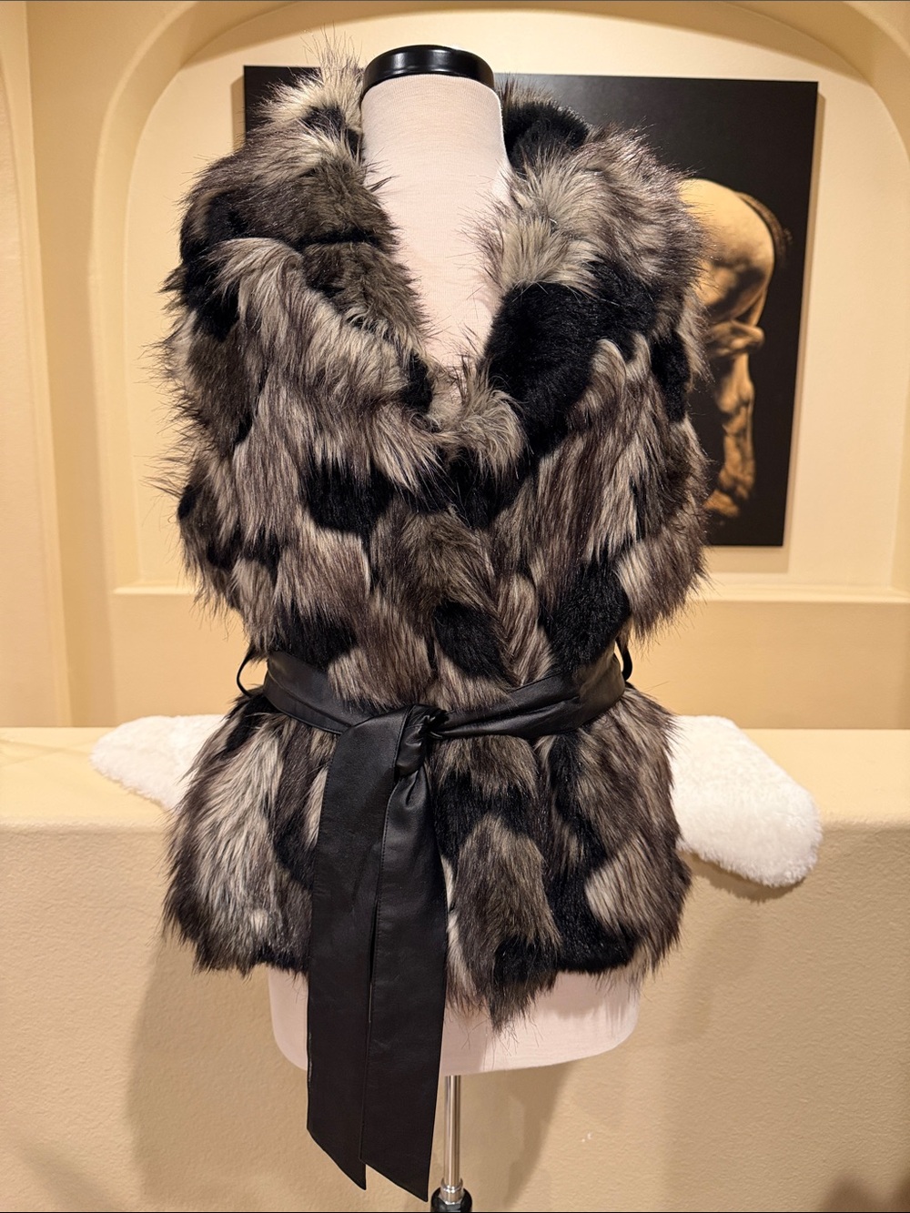 Patchwork Faux Fur Vest with Waist Belt
